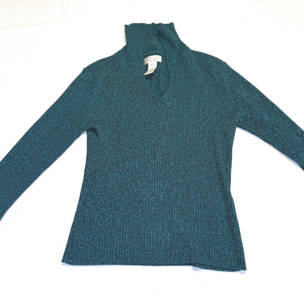 Worthington Essentials Teal Black‎ Speckled Ribbed Mock Neck Sweater Medium